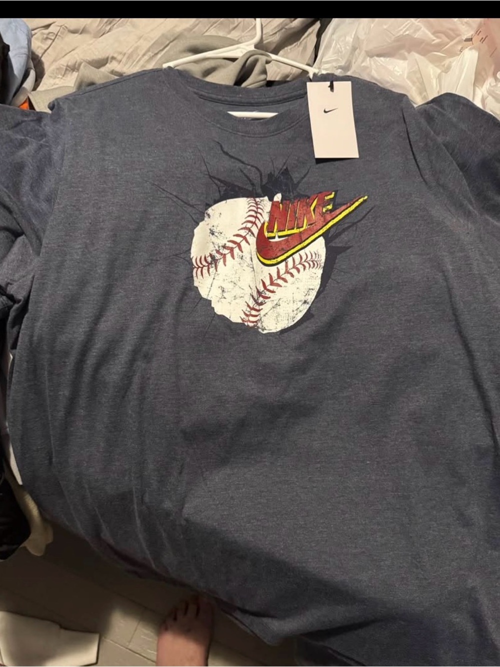 Nike Navy Short-Sleeve Baseball Graphic Tee with Red & Yellow Swoosh
